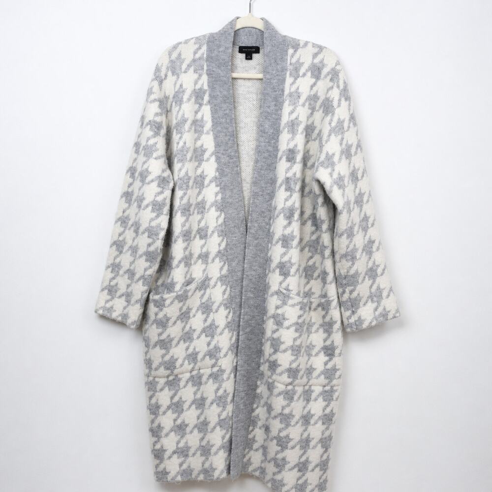 Ann Taylor Heavy Knit Coatigan Houndstooth Open Front Gray Ivory XL